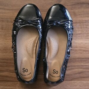 SO Memory Foam Black Sequin Flats Size Girls 3